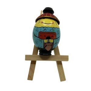 Vintage Hand Painted Wooden Egg Figurine with Miniature Display Easel Asian Art